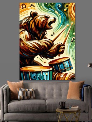 Davulcu Ayı Dekoratif Kanvas - Mdf Ahşap Tablo