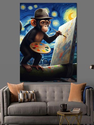 Ressam Maymun Dekoratif Kanvas - Mdf Ahşap Tablo