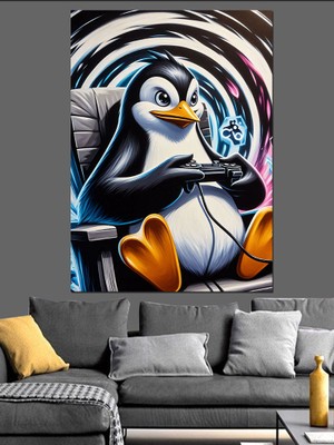 Oyun Oynayan Penguen Dekoratif Kanvas - Mdf Ahşap Tablo