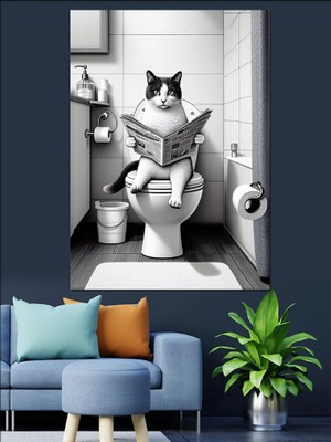 Tuvalette Gazete Okuyan Kedi Dekoratif Kanvas - Mdf Ahşap Tablo