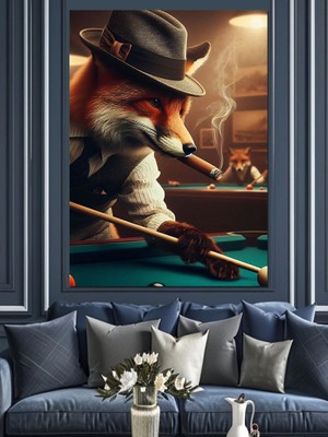 Bilardo Oynayan Tilki Dekoratif Kanvas - Mdf Ahşap Tablo