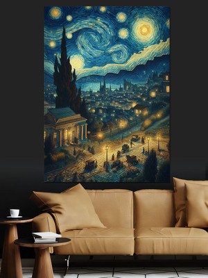Yıldızlı Gecede Şehir Dekoratif Kanvas - Mdf Ahşap Tablo
