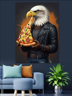 Pizza Yiyen Kartal Dekoratif Kanvas - Mdf Ahşap Tablo