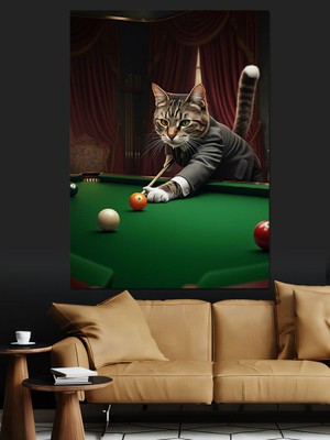 Bilardo Oynayan Kedi Dekoratif Kanvas - Mdf Ahşap Tablo