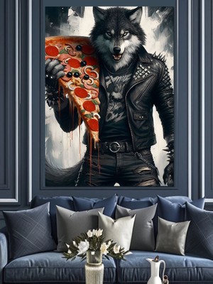 Pizza Yiyen Kurt Dekoratif Kanvas - Mdf Ahşap Tablo