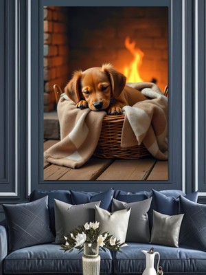 Sepette Yavru Köpek Dekoratif Kanvas - Mdf Ahşap Tablo