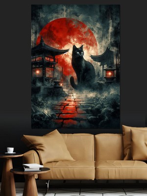 Kırmızı Ay Altında Kedi Dekoratif Kanvas - Mdf Ahşap Tablo