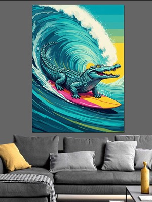 Dalgaları Aşan Timsah Dekoratif Kanvas - Mdf Ahşap Tablo