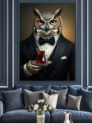 Smokinli Çay Içen Baykuş  Dekoratif Kanvas - Mdf Ahşap Tablo