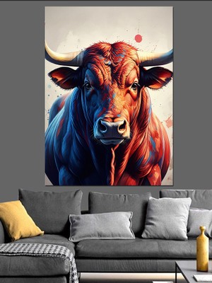 Kırmızı Boğa Portresi Dekoratif Kanvas - Mdf Ahşap Tablo