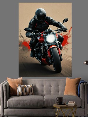 Siyah Motorcu Figürü Dekoratif Kanvas - Mdf Ahşap Tablo