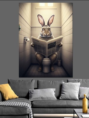 Tuvalette Gazete Okuyan Tavşan Dekoratif Kanvas - Mdf Ahşap Tablo