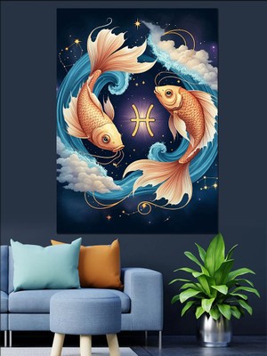 Balık Burcu Sembolü Dekoratif Kanvas - Mdf Ahşap Tablo