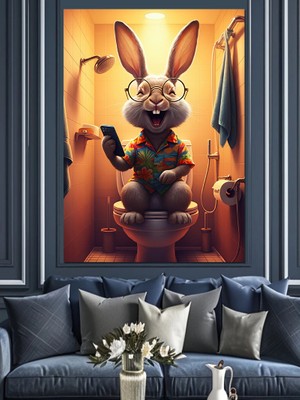 Tuvalette Eğlenen Tavşan Dekoratif Kanvas - Mdf Ahşap Tablo