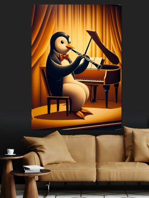 Penguenin Klarnette Yolculuğu Dekoratif Kanvas - Mdf Ahşap Tablo