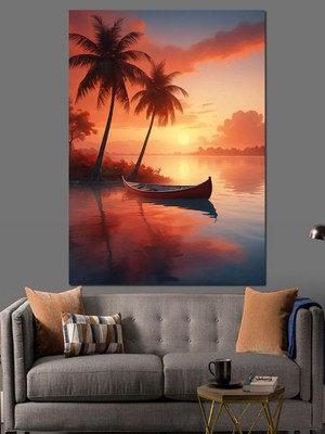 Palmiye Altında Gün Batımı Dekoratif Kanvas - Mdf Ahşap Tablo