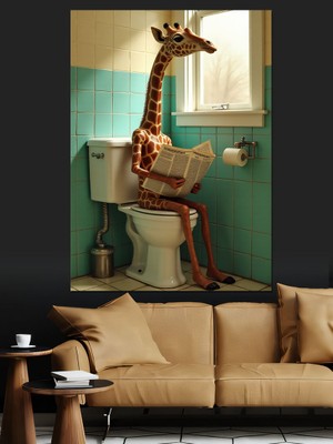 Tuvalette Oturan Zürafa Dekoratif Kanvas - Mdf Ahşap Tablo