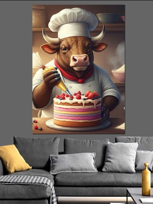 Pasta Yapan Boğa Şef Dekoratif Kanvas - Mdf Ahşap Tablo