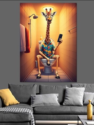 Tuvalette Oturan Zürafa Dekoratif Kanvas - Mdf Ahşap Tablo
