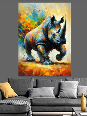 Koşan Gergedan Dekoratif Kanvas - Mdf Ahşap Tablo