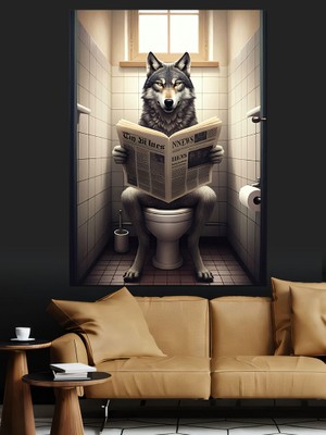 Tuvalette Gazete Okuyan Kurt Dekoratif Kanvas - Mdf Ahşap Tablo