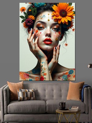 Çiçekli Yüz Kadın Dekoratif Kanvas - Mdf Ahşap Tablo