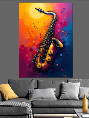 Renkli Saksafon Dekoratif Kanvas - Mdf Ahşap Tablo