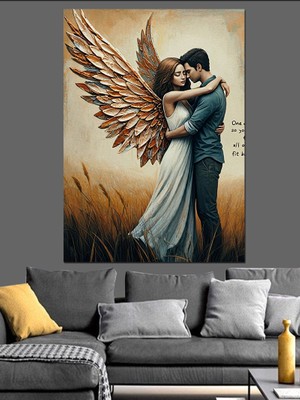 Kanatlı Sarılan Çift Dekoratif Kanvas - Mdf Ahşap Tablo