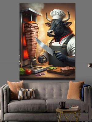 Döner Kesici Şef Boğa Dekoratif Kanvas - Mdf Ahşap Tablo