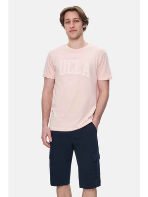 Ucla CULVER Toz Pembe Bisiklet Yaka Baskılı %100 Pamuk Standard Fit Erkek Tshirt