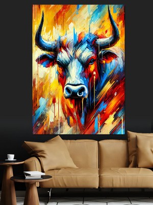 Renkli Boğa Portresi Dekoratif Kanvas - Mdf Ahşap Tablo