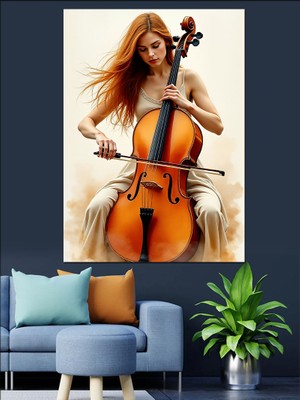 Çello Çalan Kadın Dekoratif Kanvas - Mdf Ahşap Tablo