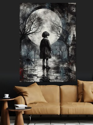 Ay Işığında Yalnız Çocuk Dekoratif Kanvas - Mdf Ahşap Tablo