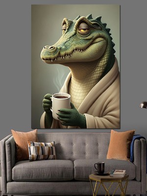 Çay Içen Timsah Dekoratif Kanvas - Mdf Ahşap Tablo