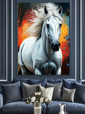 Koşan Beyaz At Dekoratif Kanvas - Mdf Ahşap Tablo