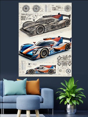 Yarış Arabası Teknik Çizimi Dekoratif Kanvas - Mdf Ahşap Tablo