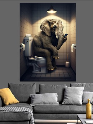 Tuvalette Oturan Fil Dekoratif Kanvas - Mdf Ahşap Tablo