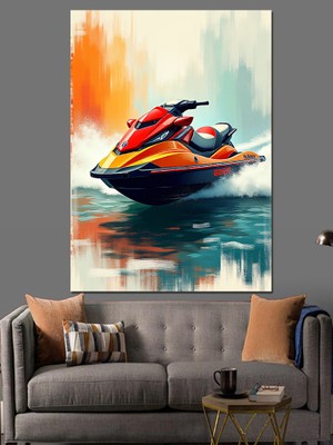Renkli Jet Ski Çizimi Dekoratif Kanvas - Mdf Ahşap Tablo
