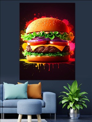 Renkli Büyük Hamburger Dekoratif Kanvas - Mdf Ahşap Tablo