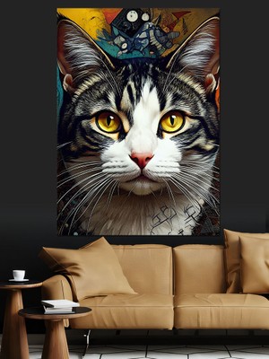 Kedi Portresi Çizimi Dekoratif Kanvas - Mdf Ahşap Tablo
