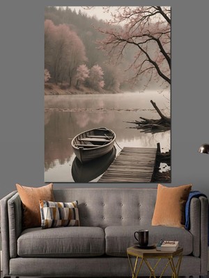 Sisli Göl ve Küçük Kayık Dekoratif Kanvas - Mdf Ahşap Tablo