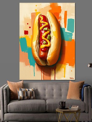 Renkli Hot Dog Çizimi Dekoratif Kanvas - Mdf Ahşap Tablo