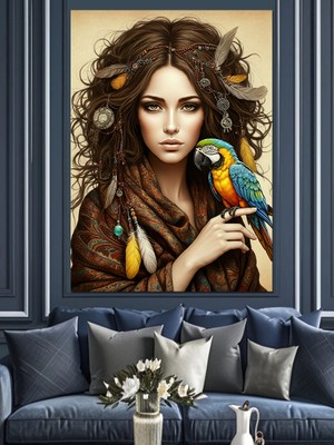Papağanlı Kadın Portresi Dekoratif Kanvas - Mdf Ahşap Tablo