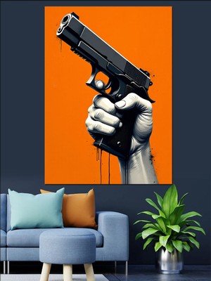 Tabanca ve Turuncu Arka Plan Dekoratif Kanvas - Mdf Ahşap Tablo