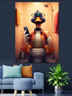 Tuvalette Ördek Figürü Dekoratif Kanvas - Mdf Ahşap Tablo