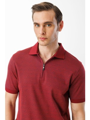 Desen Triko Erkek Fermuarlı T-Shirt Bordo