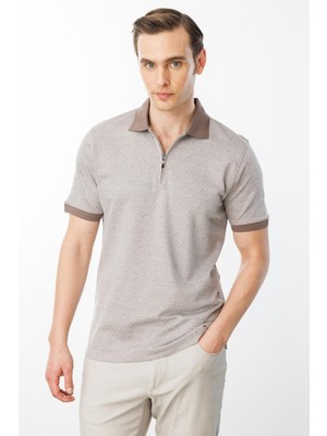 Desen Triko Erkek Fermuarlı T-Shirt Bej