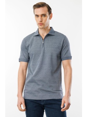 Desen Triko Erkek Fermuarlı T-Shirt Füme