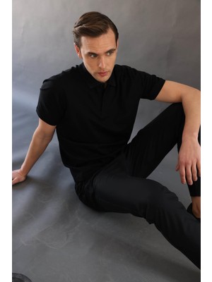 Erkek Polo Yaka Pike Merserize T-Shirt Siyah