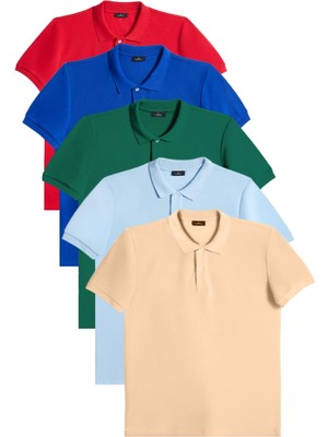 Erkek 5'li Pkt Kırmızı-Saks Mavi-Zümrüt Yeşili-Mavi-Bej Slim Fit Pamuklu Düz Pike Polo Yaka Tişört
